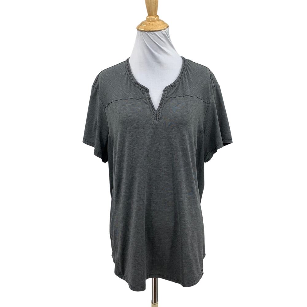 Kuhl Shirt Womens XL Graphite Allegro Split V Neck Braided Trim Short Sleeve Tee